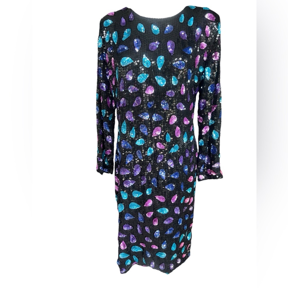100% Silk Sequin Vintage 1980s Joseph Le Bon Jewel Tone Dress